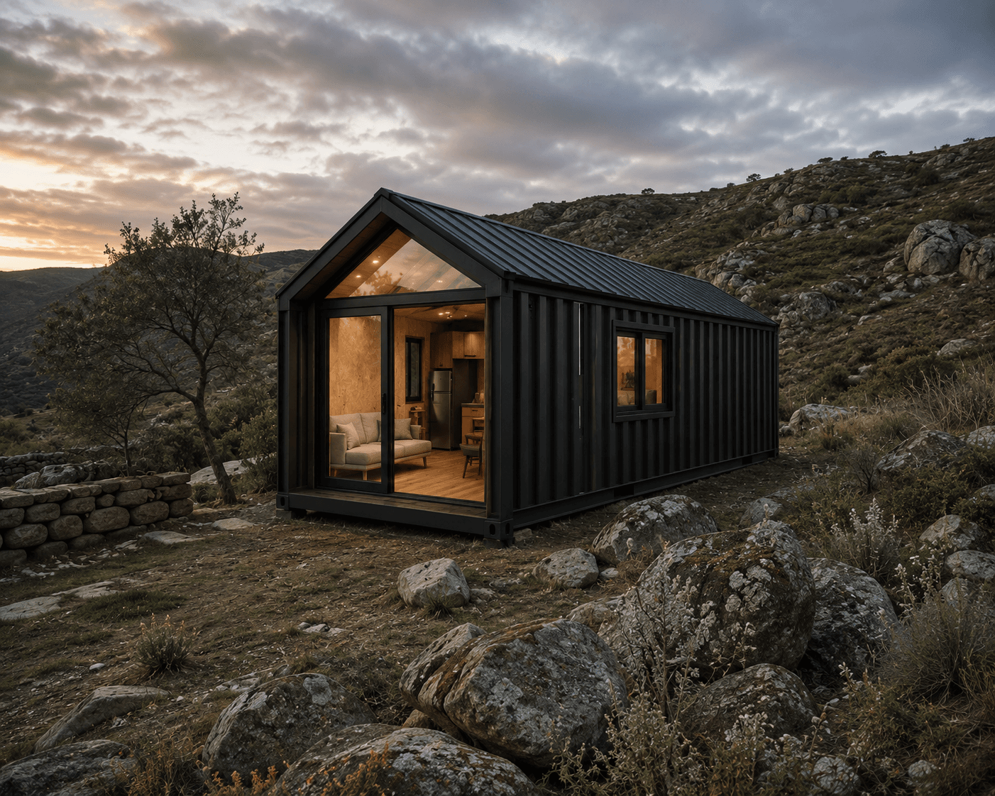 Tiny House MATTSAY 15 m² Steel Frame en entorno de montaña al atardecer